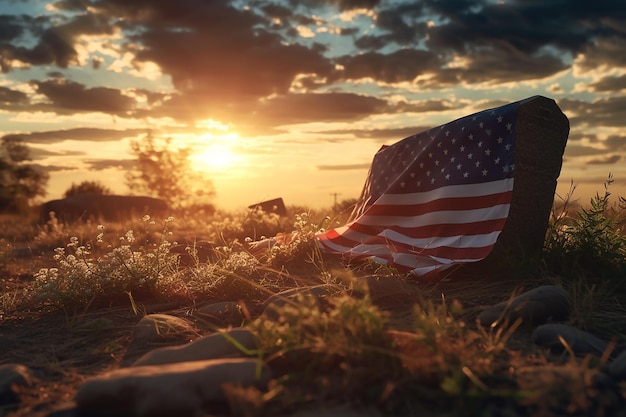 Bandera estadounidense en una tumba en el día del recuerdo