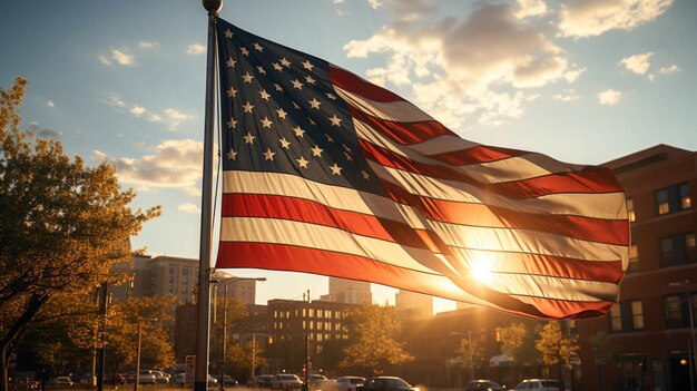 Foto la bandera estadounidense volando frente a un edificio soli está llena de hierba vista de día limpio bandera de los estados unidos
