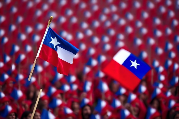 Una bandera con una estrella blanca en ella está siendo sostenida por un hombre con una camisa roja.