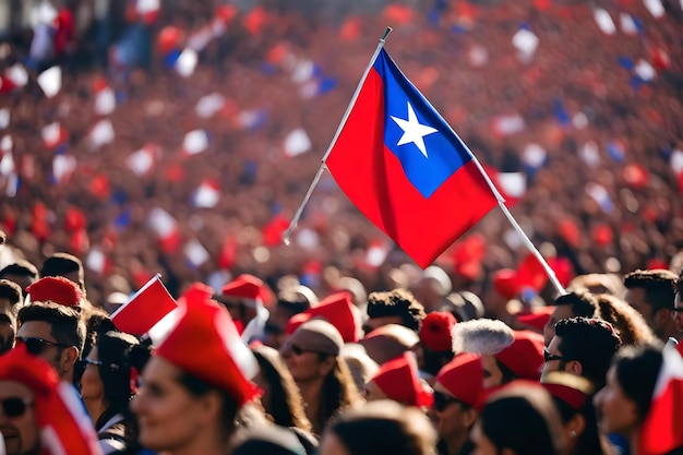 Foto una bandera con una estrella está en una multitud de personas.