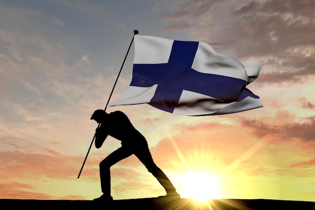 Bandera de Finlandia empujada al suelo por una silueta masculina 3D Rendering