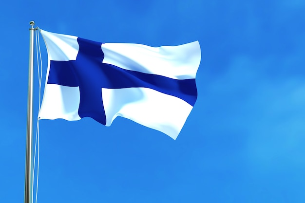 Bandera de Finlandia en la representación 3d del fondo del cielo azul