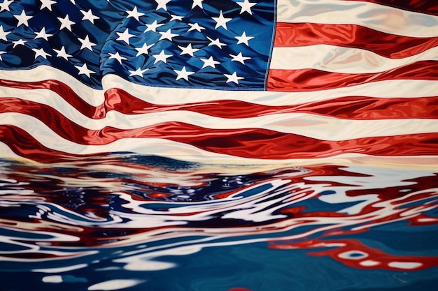 Una bandera flota en el agua con las palabras "Estados Unidos" en el fondo.