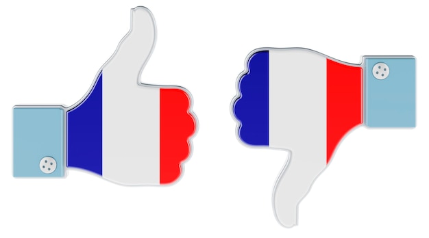 Foto bandera francesa pintada en la mano con el pulgar hacia arriba y hacia abajo me gusta y no me gusta en el concepto de representación 3d de francia