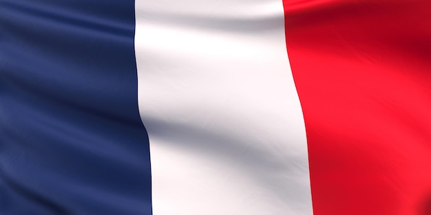 Bandera de Francia Bandera de primer plano El tejido del símbolo estatal nacional es seda Ilustración 3D de París francesa