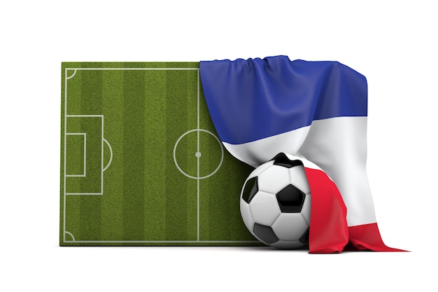 La bandera de Francia cubre un campo de fútbol y una pelota de fútbol 3D Rendering