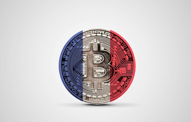 Bandera de Francia en una moneda de criptomoneda bitcoin d renderizado