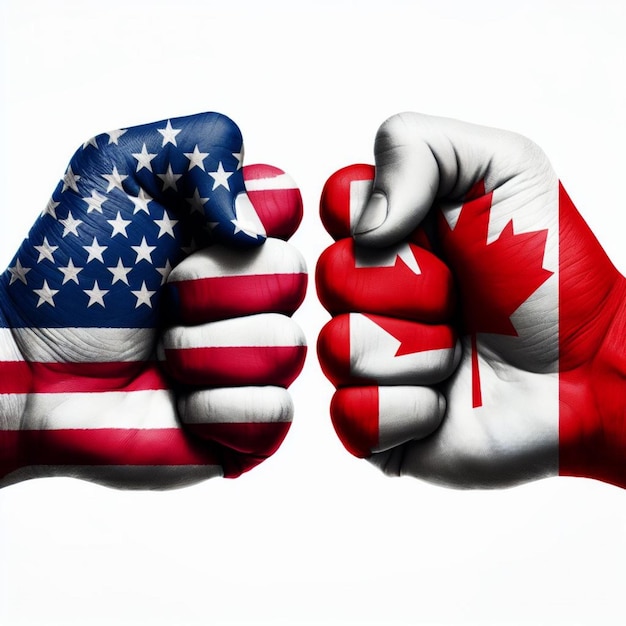 Foto bandera frente a frente manos estadounidenses y canadienses cuadradas en una exhibición animada sobre un fondo blanco