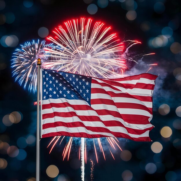 una bandera con fuegos artificiales en el fondo y una bandera con un fuego artificial rojo blanco y azul