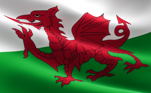 Bandera de Gales. Ilustración de la bandera galesa ondeando.