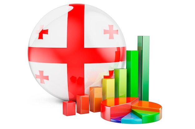 Bandera georgiana con gráfico de barras de crecimiento y gráfico circular Estadísticas económicas de finanzas empresariales en representación 3D del concepto de Georgia