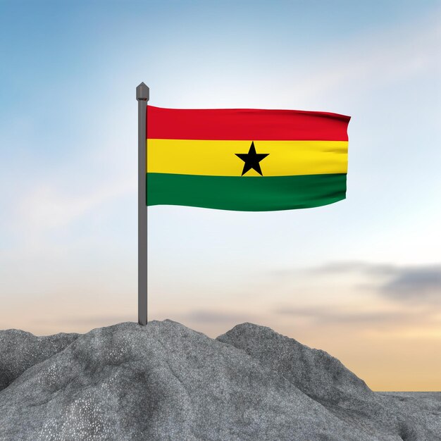 Bandera de Ghana en 3D con representación de las montañas