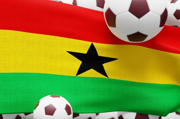 Bandera de Ghana con balón Fútbol mundial 2022 Ilustración de renderizado 3D mínimo