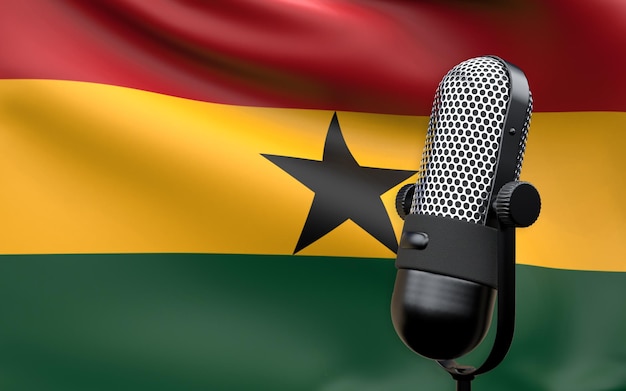 Bandera de Ghana con imagen de renderizado 3d de micrófono