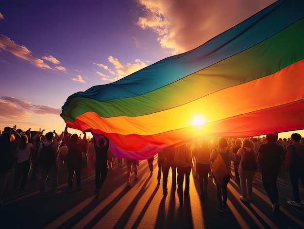 Bandera gigante LGBT con siluetas de personas caminando afuera durante una puesta de sol