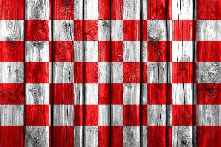 Foto bandera de golf roja a cuadros pintada sobre un fondo de madera