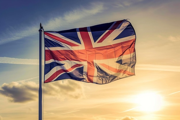 La bandera de Gran Bretaña ondeando al atardecer