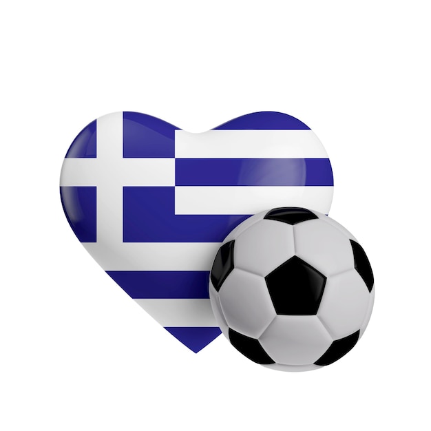 Bandera de Grecia en forma de corazón con un balón de fútbol Love football 3D Rendering