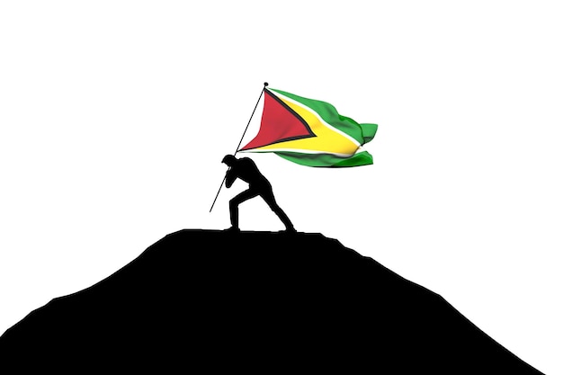 Bandera de Guyana empujada hacia la cima de la montaña por una silueta masculina 3D Rendering