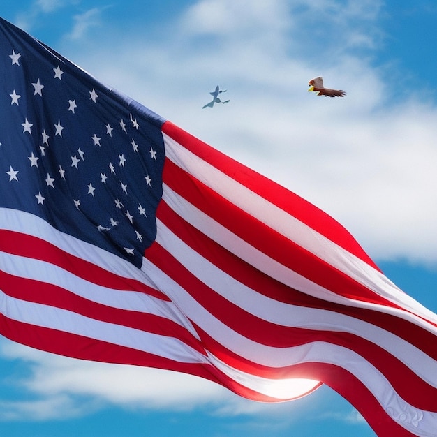 una bandera con un halcón volando en el cielo y un águila volando al fondo.