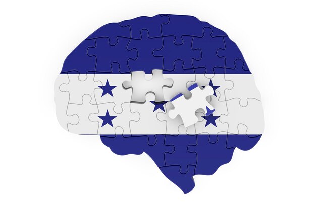 Bandera hondureña pintada en el cerebro a partir de rompecabezas Investigación científica y educación en Honduras concepto renderización 3D aislado en fondo blanco