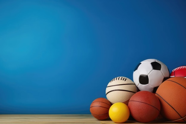 Foto bandera horizontal día internacional del deporte para el desarrollo y la paz pelotas de fútbol y baloncesto equipo deportivo lugar para el texto