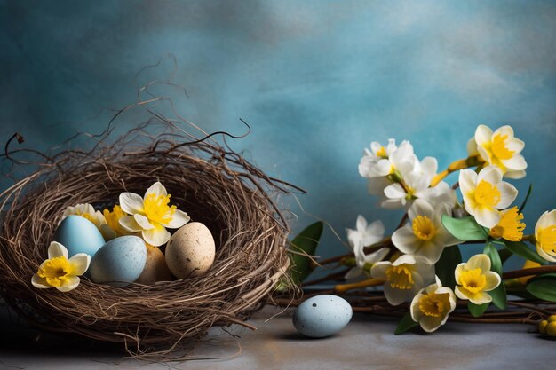 Foto bandera con huevos de pascua en una canasta de nido de pájaros y flores de narcisos amarillos en la mesa