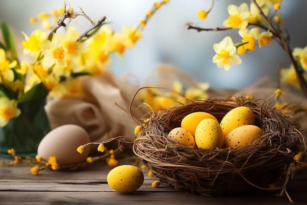 bandera con huevos de Pascua en una canasta de nido de pájaros y flores de narcisos amarillos en la mesa