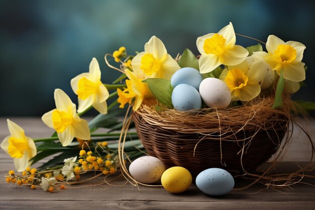 bandera con huevos de Pascua en una canasta de nido de pájaros y flores de narcisos amarillos en la mesa