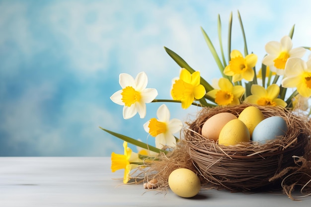 bandera con huevos de Pascua en una canasta de nido de pájaros y flores de narcisos amarillos