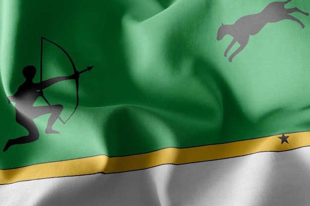 La bandera de ilustración 3D de Amazonas es una región de Colombia ondeando en el fondo textil de la bandera del viento