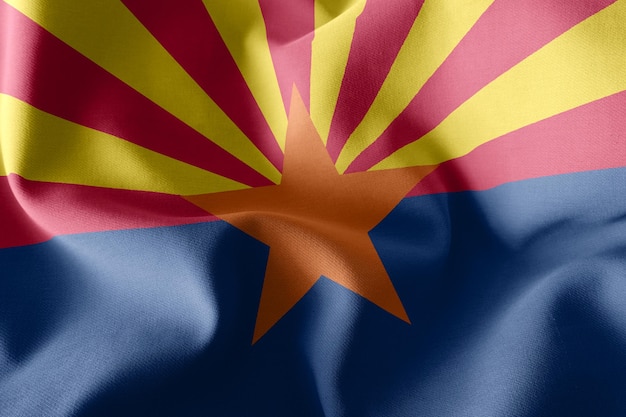 La bandera de ilustración 3D de Arizona es una región de los Estados Unidos ondeando en el fondo textil de la bandera del viento