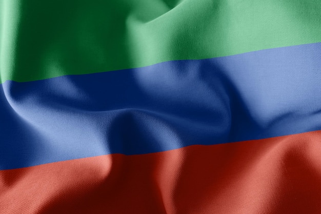 La bandera de ilustración 3D de Daguestán es una región de Rusia ondeando en el fondo textil de la bandera del viento
