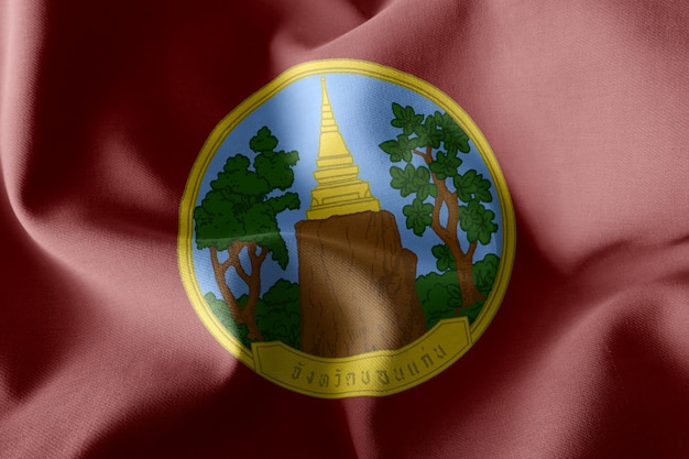 Bandera de ilustración 3D de Khon Kaen es una provincia de Tailandia Ondeando la bandera del viento con inscripción con el nombre de la región en tailandés