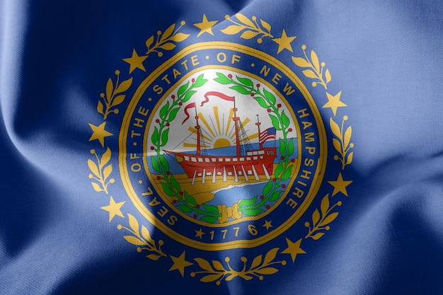 La bandera de ilustración 3D de New Hampshire es una región de los Estados Unidos ondeando en el fondo textil de la bandera del viento