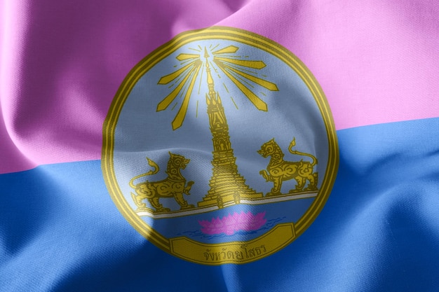 Bandera de ilustración 3D de Yasothon es una provincia de Tailandia ondeando en la bandera del viento con inscripción con el nombre de la región en tailandés