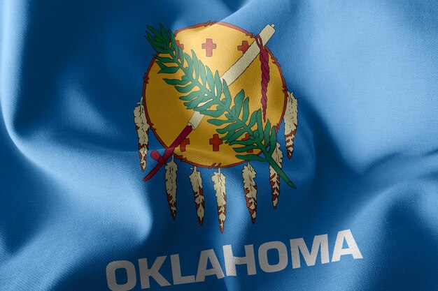 La bandera ilustrada en 3D de Oklahoma es una región de los Estados Unidos ondeando en el fondo textil de la bandera del viento