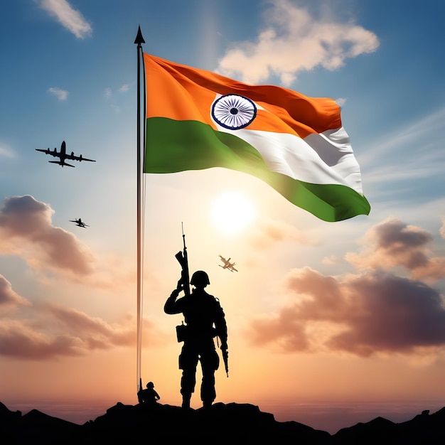 Una bandera india en el cielo hecha por aviones 3jet y una silueta de un soldado saludando la bandera