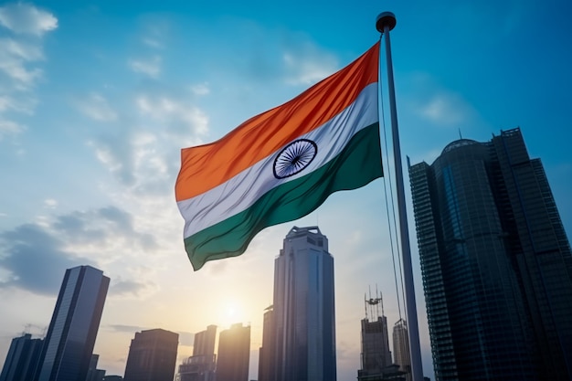 Bandera de la India en el fondo de los rascacielos de la ciudad Generada por IA