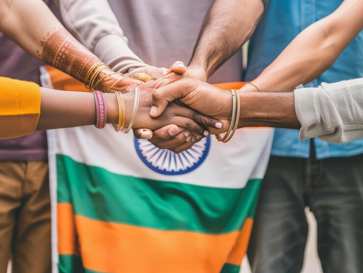 La bandera de la India y un grupo de personas diversas