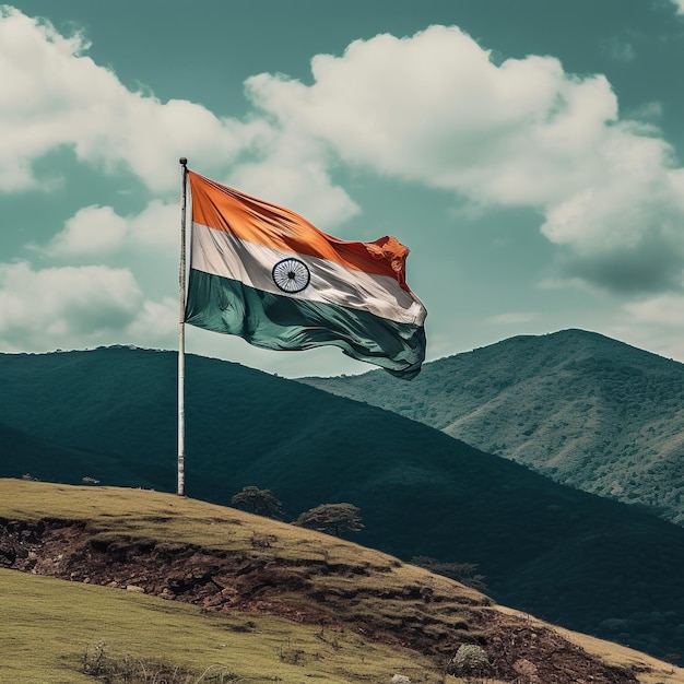 La bandera de la India ondeando en la colina Generativo ai