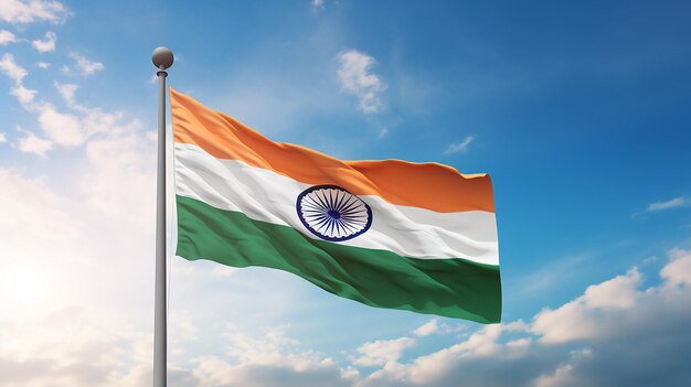 Foto la bandera de la india ondeando contra el cielo azul con rayos de sol renderización 3d