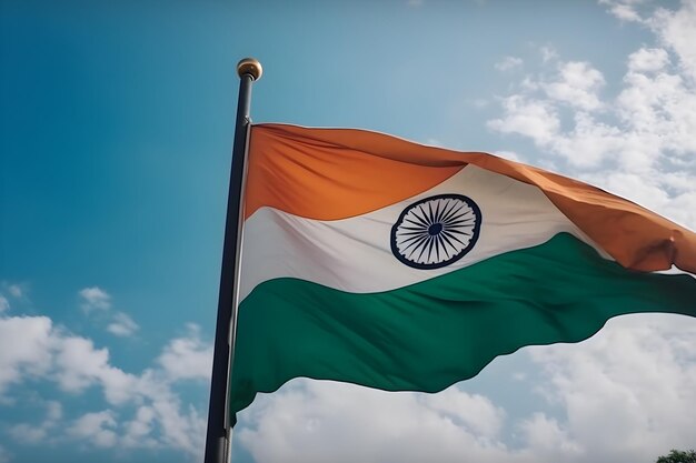 La bandera de la India ondeando en el viento contra un cielo azul