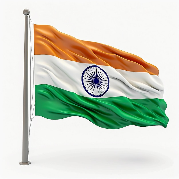 Bandera de la India en un poste de metal aislado en una representación 3D blanca