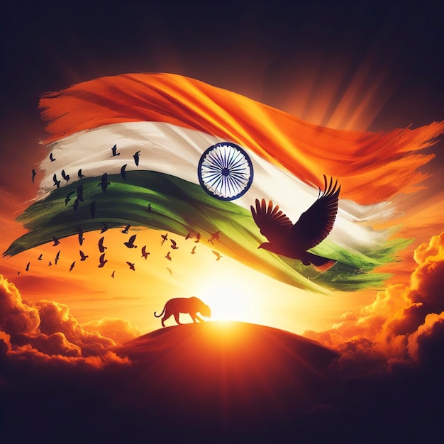 Bandera de la India con puesta de sol