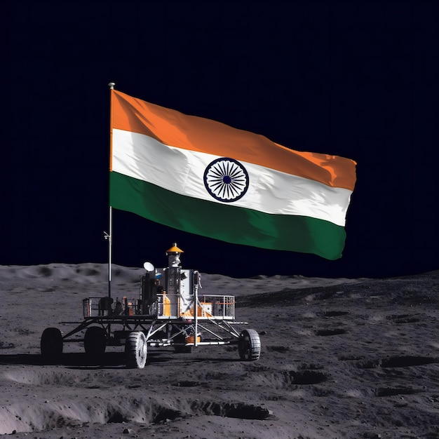 La bandera india y el rover Pragyan se unen en la Luna