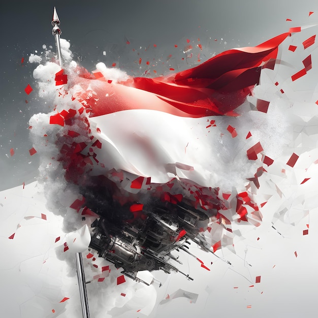 la bandera de Indonesia está volando en el aire con partículas brillantes
