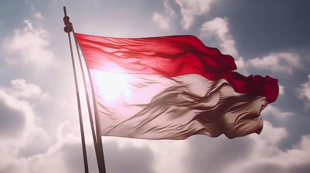 Bandera de Indonesia con fondo de cielo azul
