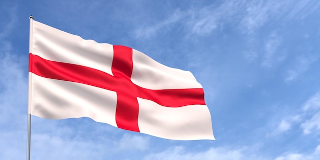 Bandera de Inglaterra en asta de bandera sobre fondo de cielo azul Bandera inglesa ondeando en el viento sobre un fondo de cielo con nubes Lugar para ilustración de texto 3d