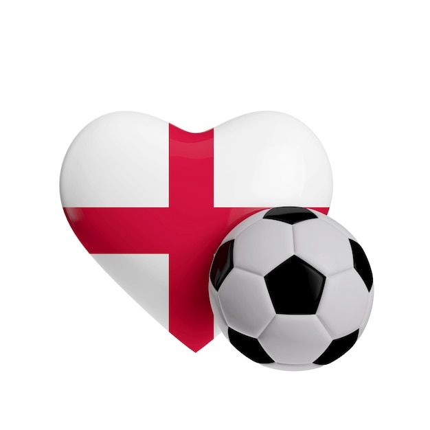 Bandera de Inglaterra en forma de corazón con un balón de fútbol Love football 3D Rendering